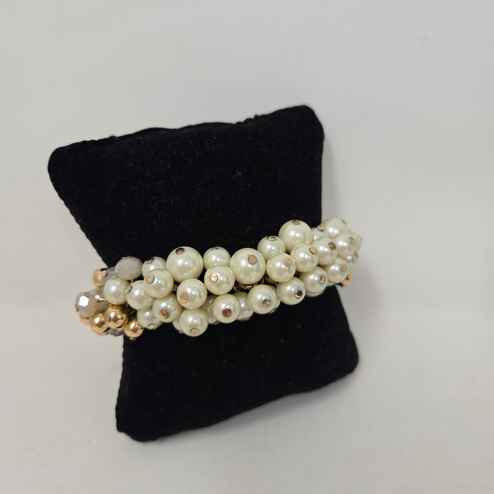 Talbots Faux Pearl Gold Tone Cluster Toggle Bracelet Cream White Grey Statement